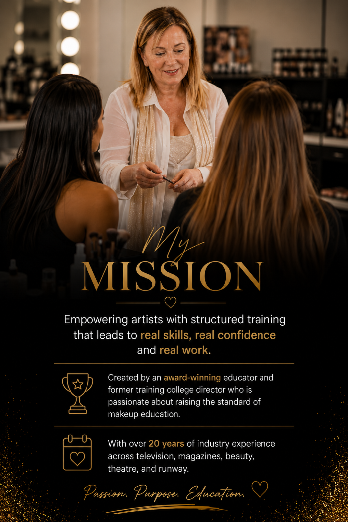 Carmelle teaching makeup techniques to two other women in a professional setting with text about her mission.